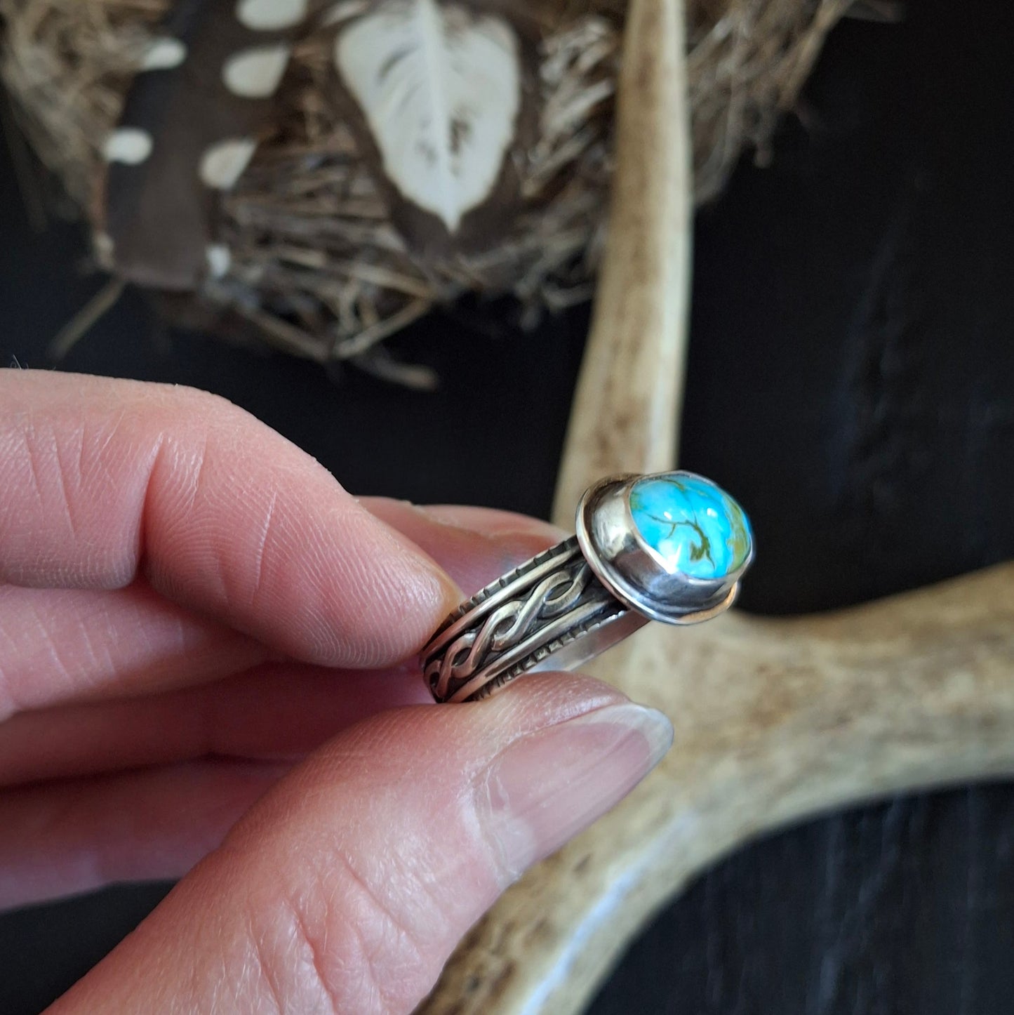 Turquoise Mountain with Decorative Ring Band - Size 10