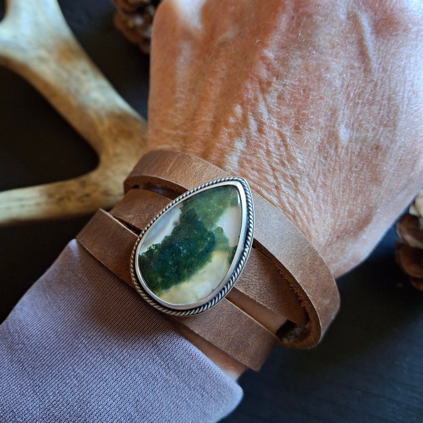 Moss Agate Leather Wrap Bracelet