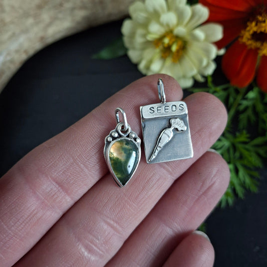 Moss Agate Charm with Carrot Seed Packet Charm