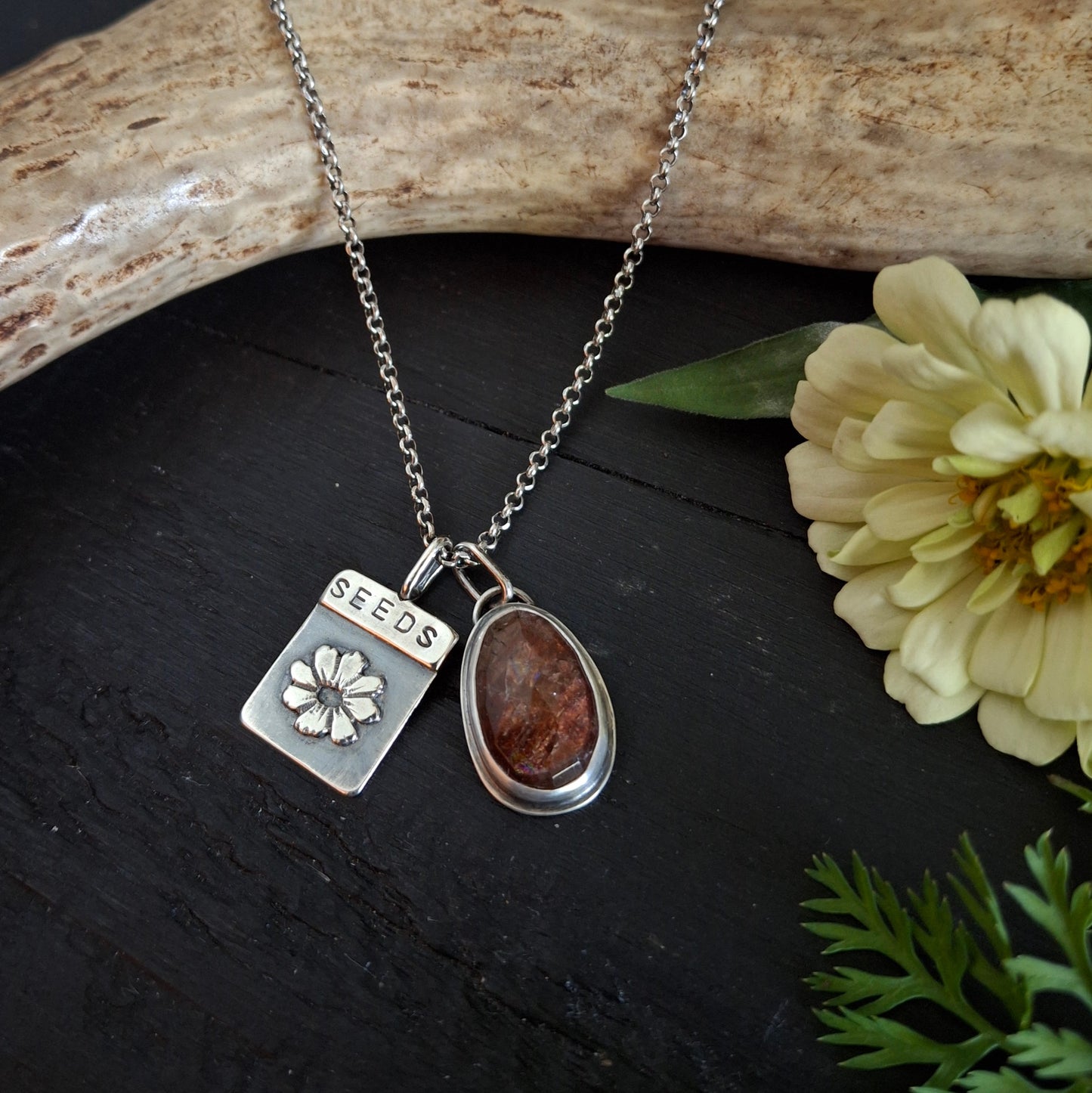 Sunstone Charm and Flower Seed Packet Charm