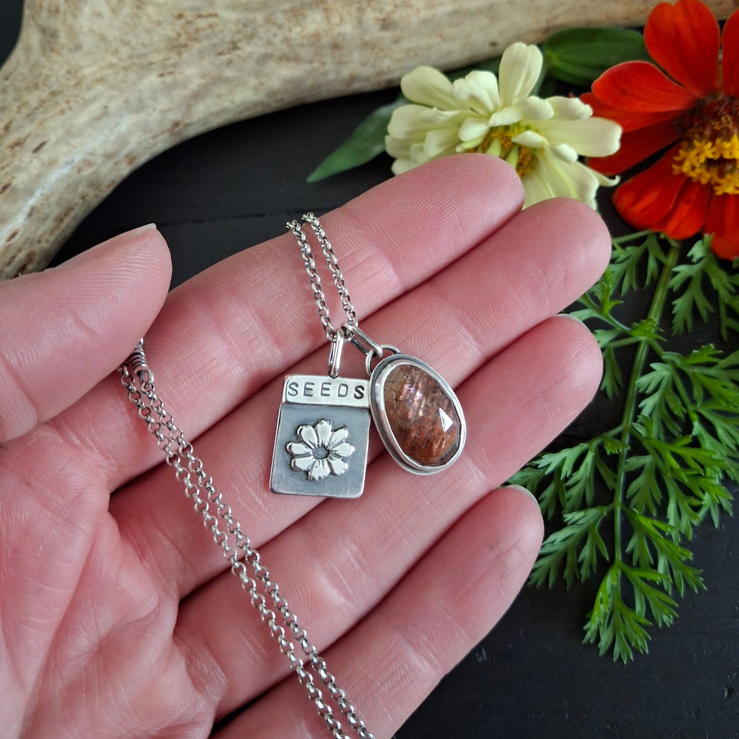 Sunstone Charm and Flower Seed Packet Charm
