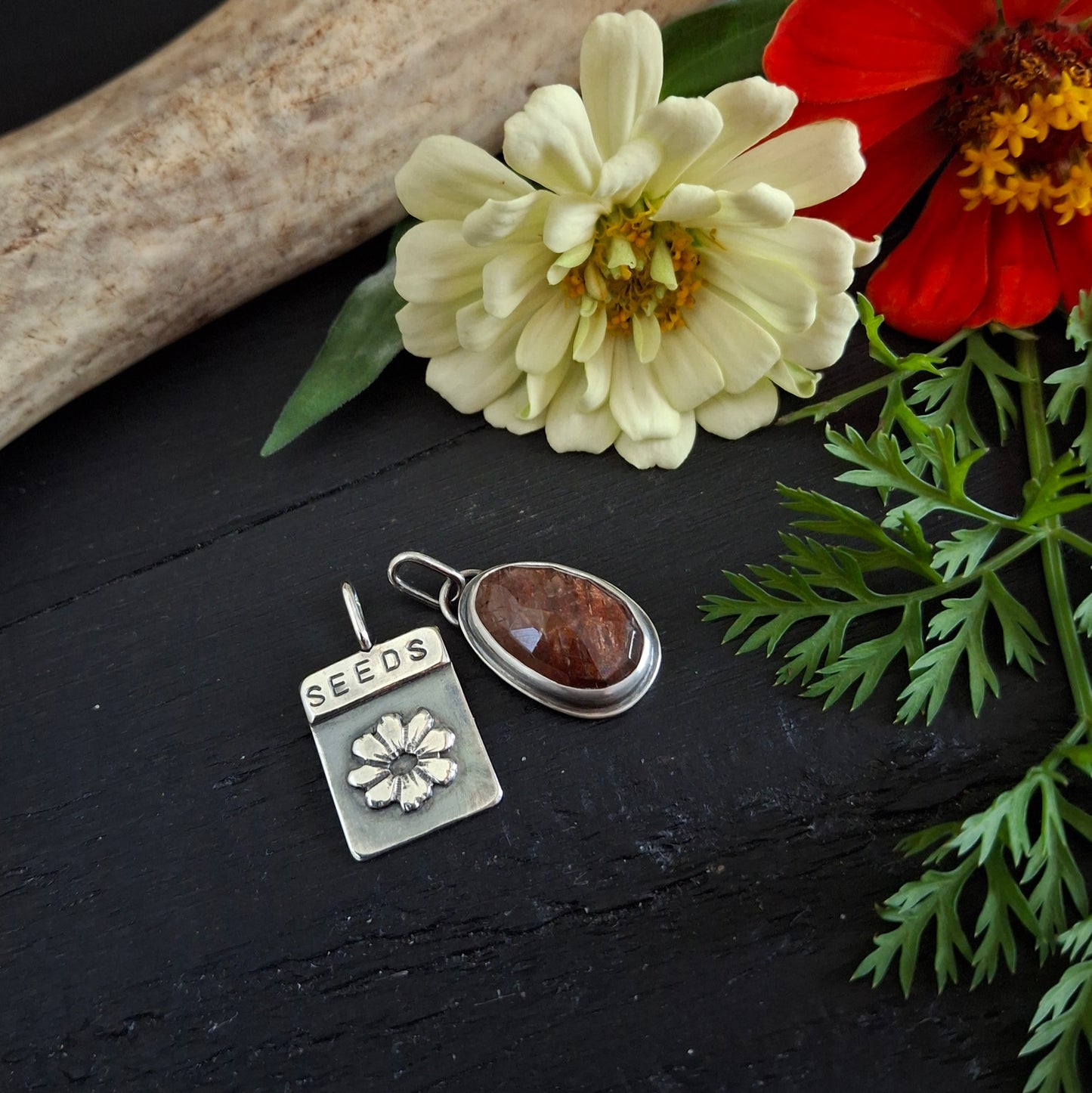 Sunstone Charm and Flower Seed Packet Charm