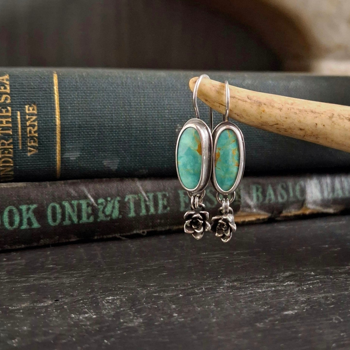 Kingman Turquoise and Succulent Dangle Earrings | Sterling Silver | Nature-Inspired Jewelry