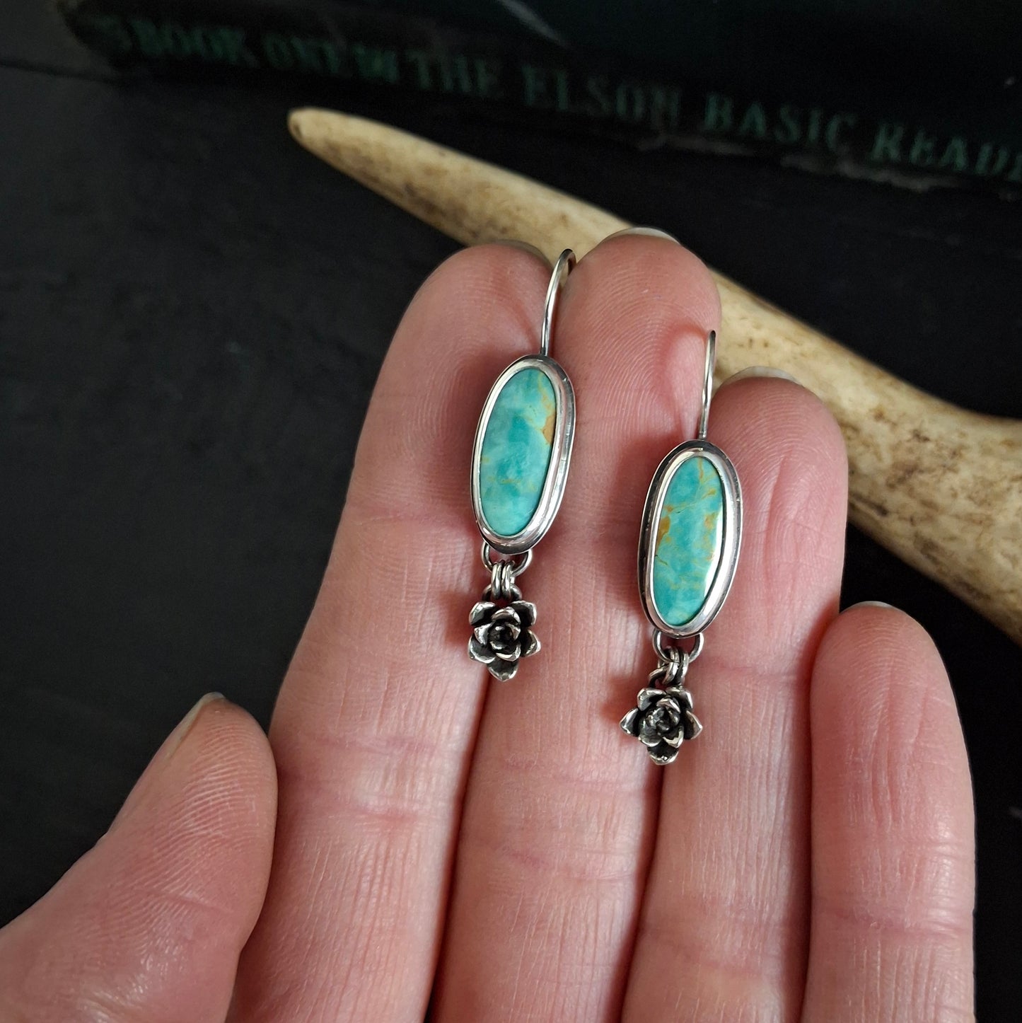 Kingman Turquoise and Succulent Dangle Earrings | Sterling Silver | Nature-Inspired Jewelry