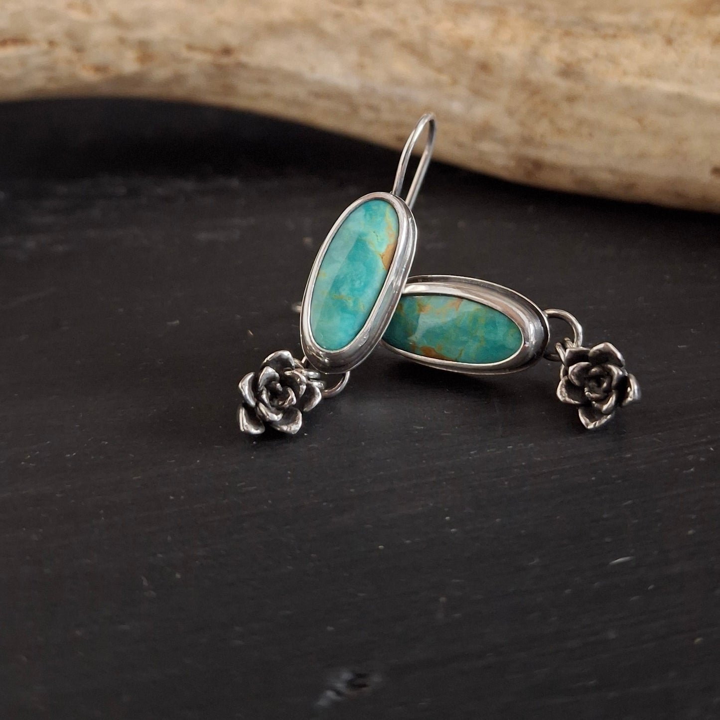 Kingman Turquoise and Succulent Dangle Earrings | Sterling Silver | Nature-Inspired Jewelry