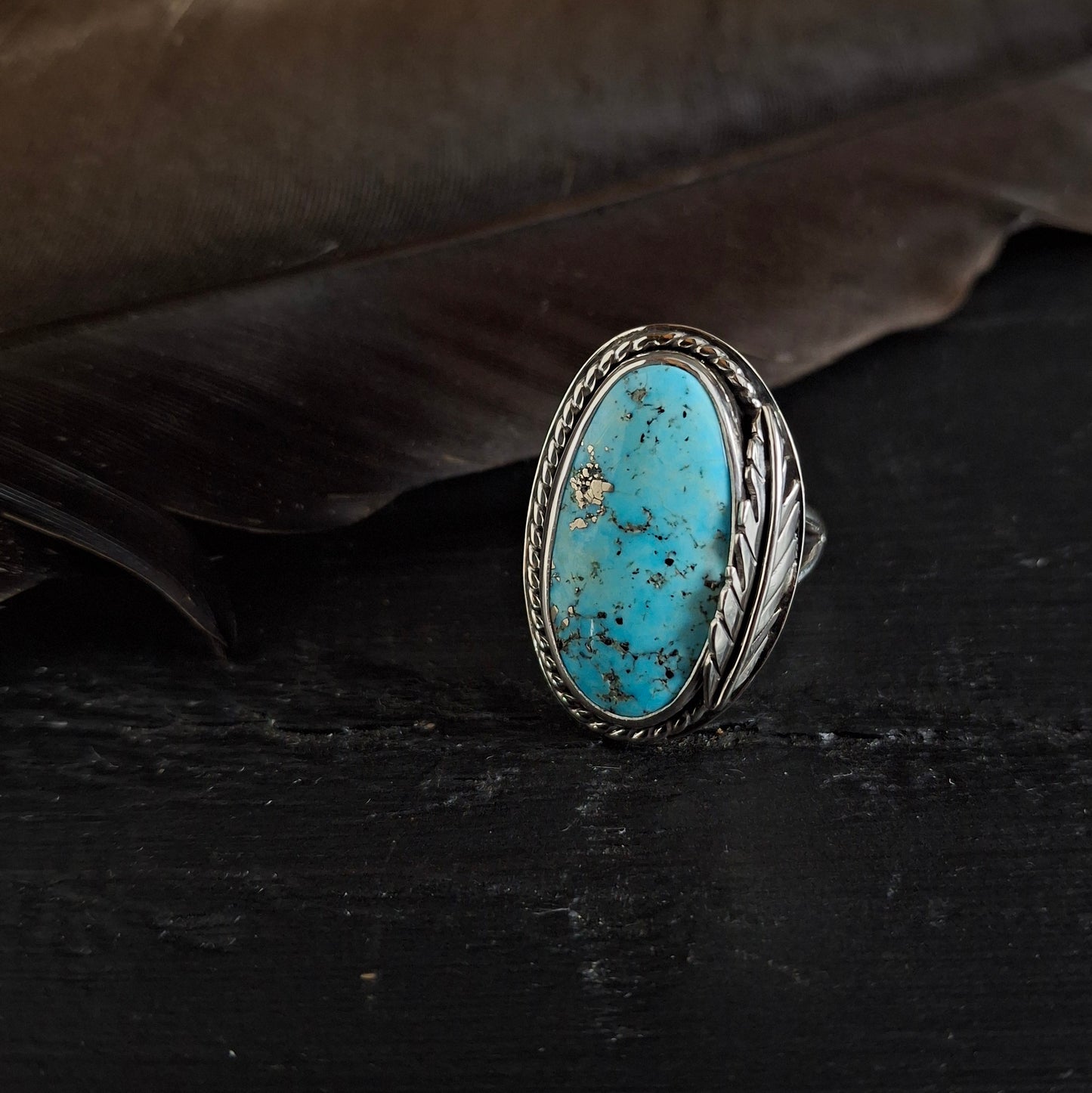 Old Morenci Turquoise Feather Ring - Size 7