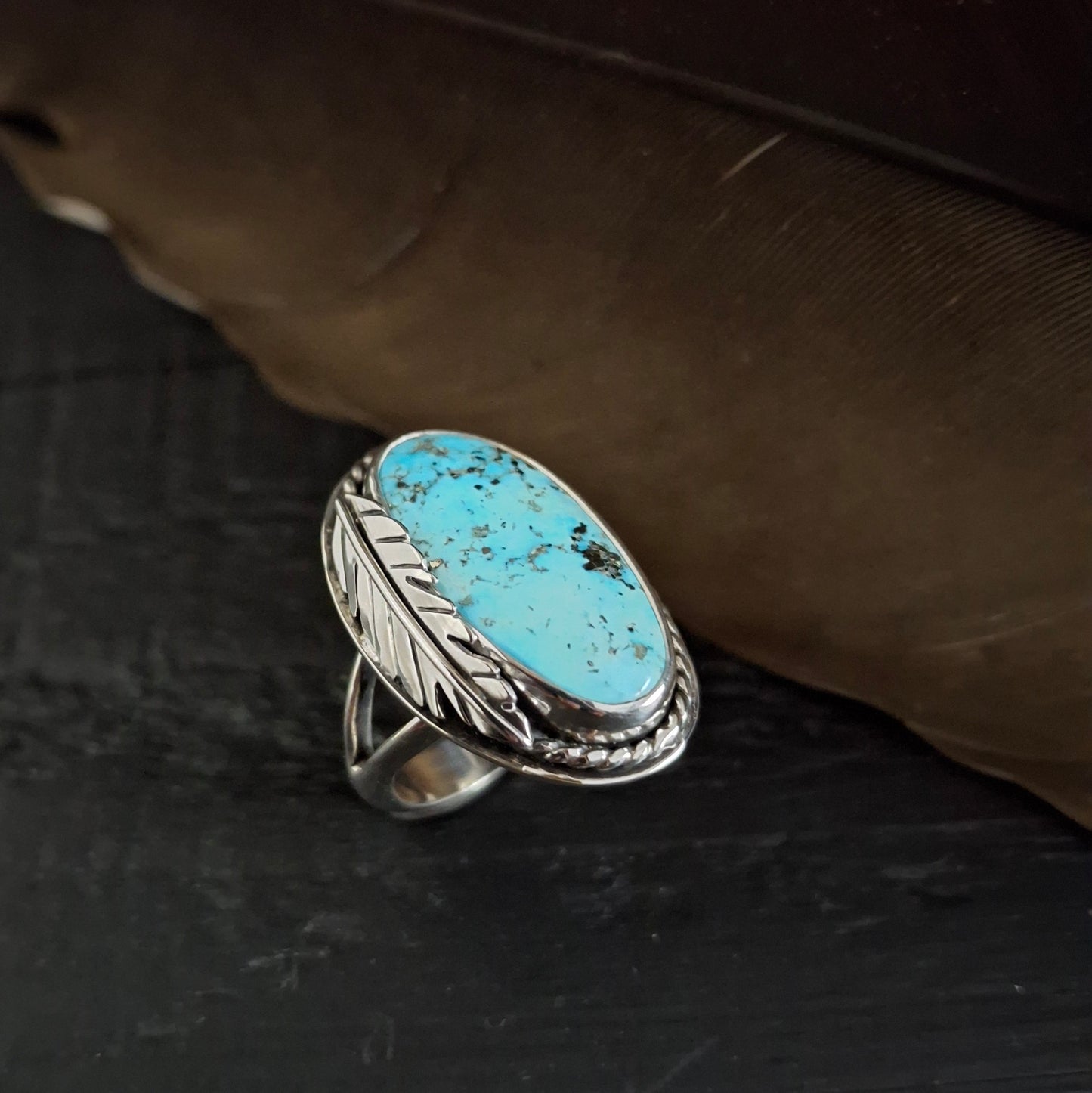 Old Morenci Turquoise Feather Ring - Size 7