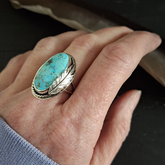 Old Morenci Turquoise Feather Ring - Size 7