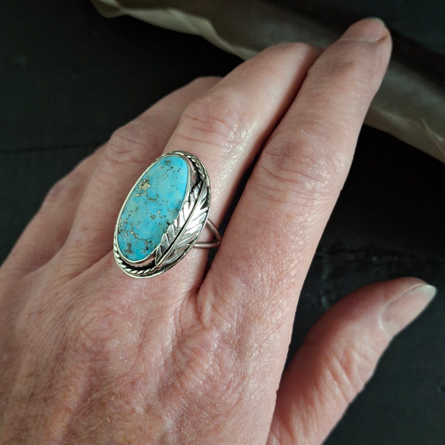 Old Morenci Turquoise Feather Ring - Size 7
