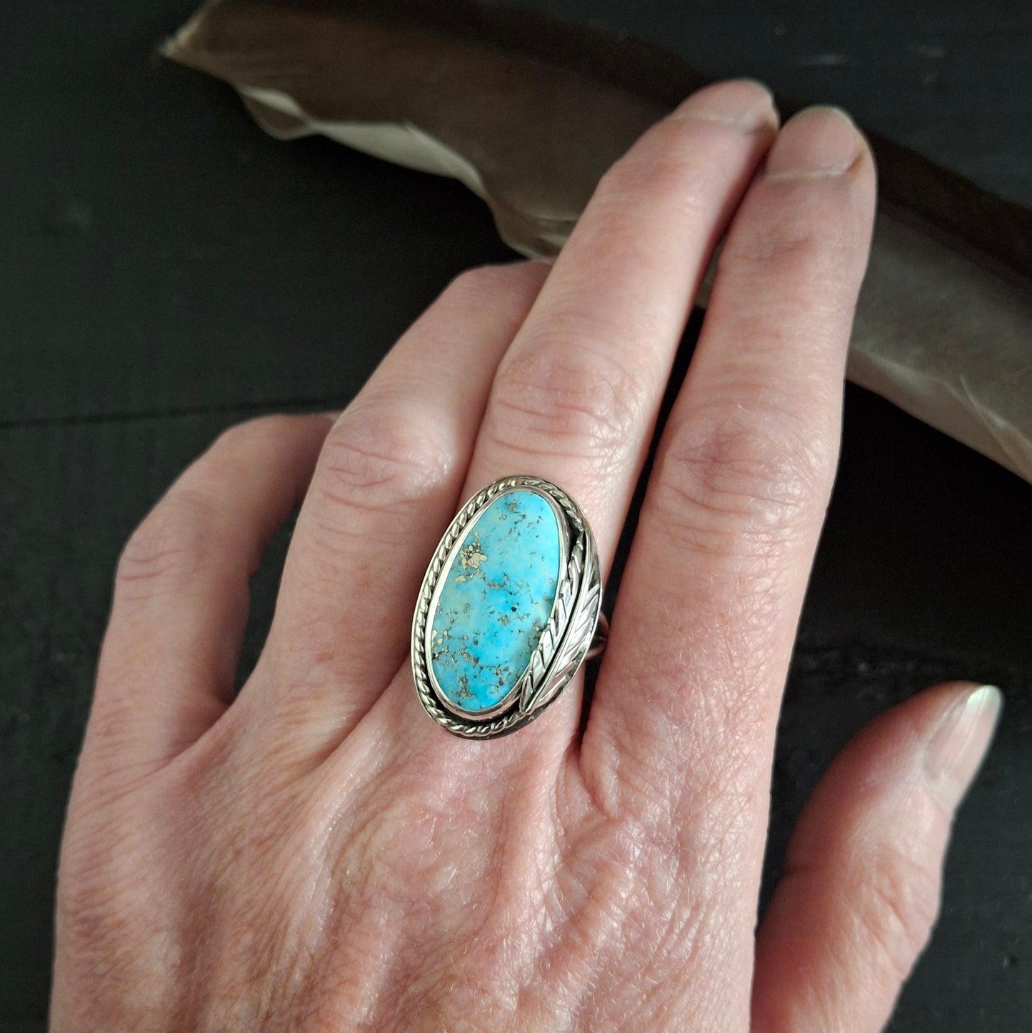 Old Morenci Turquoise Feather Ring - Size 7