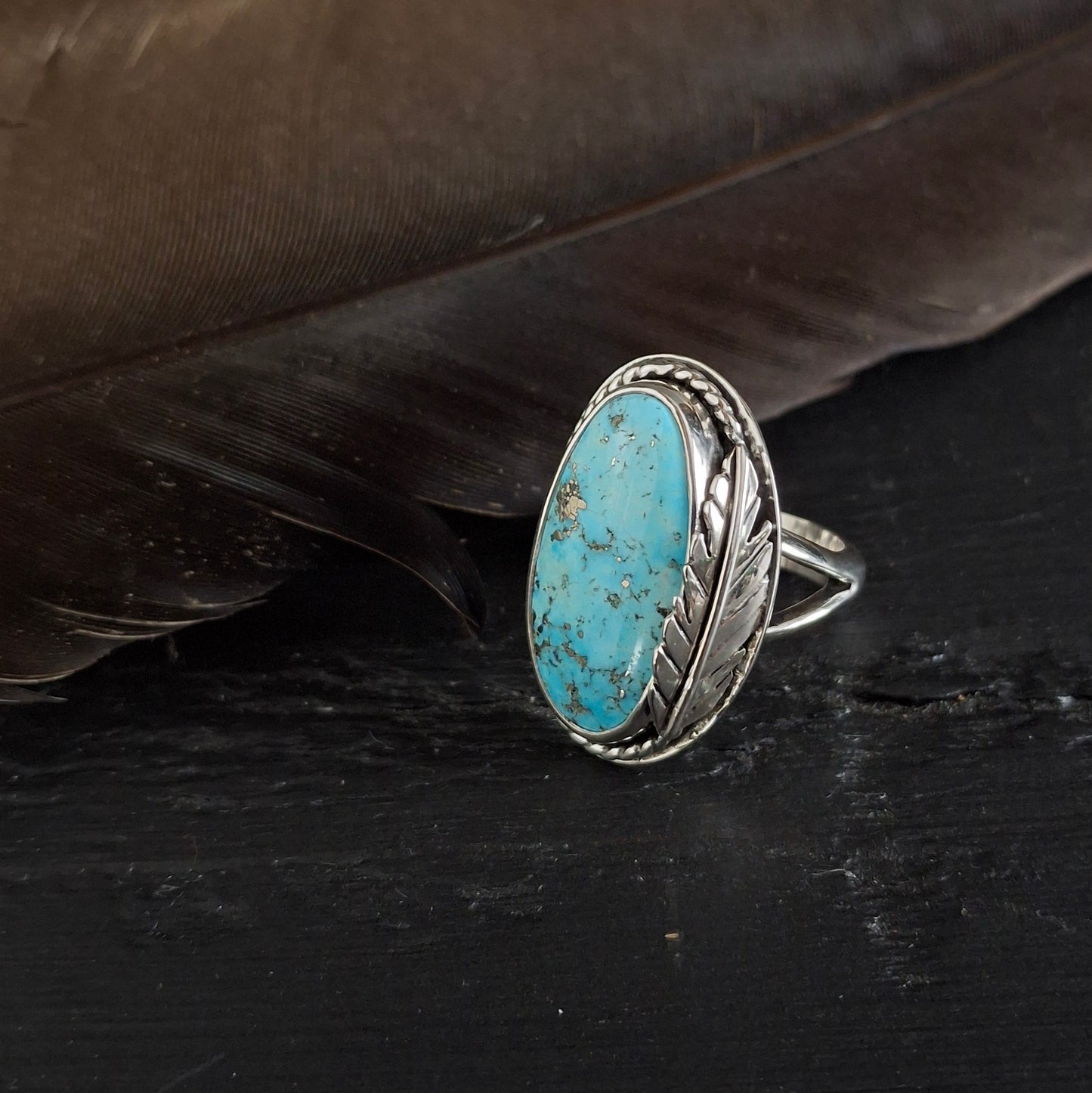 Old Morenci Turquoise Feather Ring - Size 7