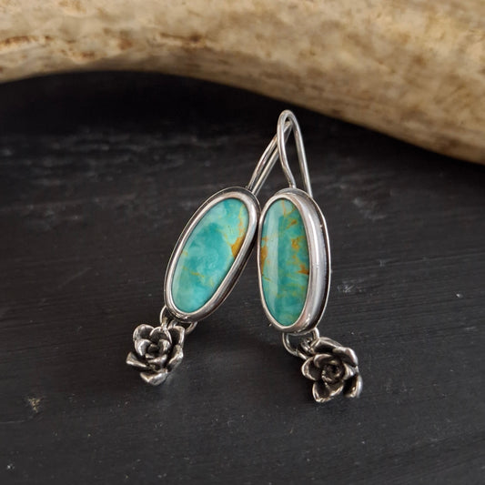 Kingman Turquoise and Succulent Dangle Earrings | Sterling Silver | Nature-Inspired Jewelry