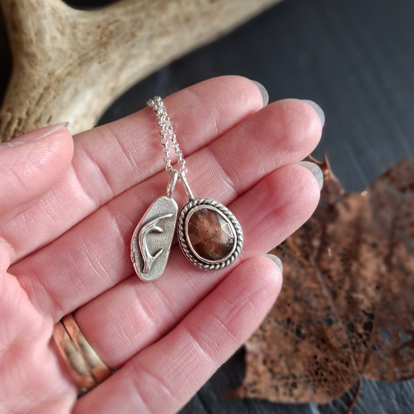 Sunstone and Antler Necklace | A Hand-Sawn Sterling Silver Keepsake