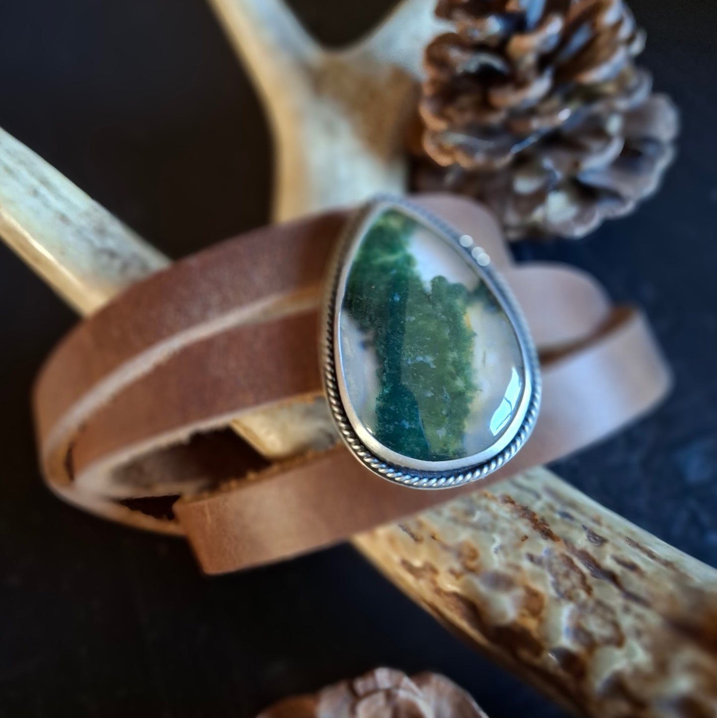 Moss Agate Leather Wrap Bracelet