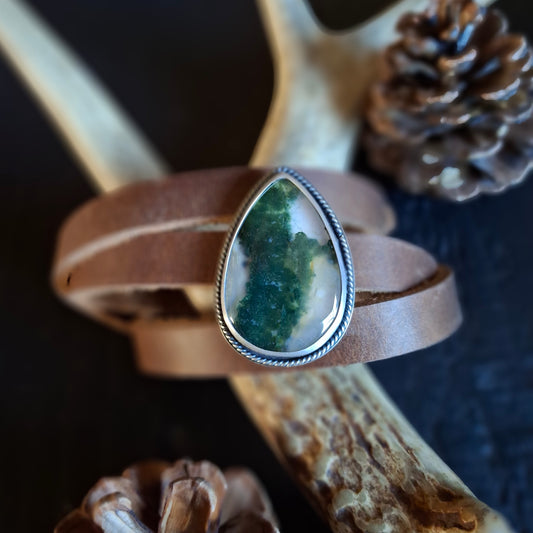 Moss Agate Leather Wrap Bracelet