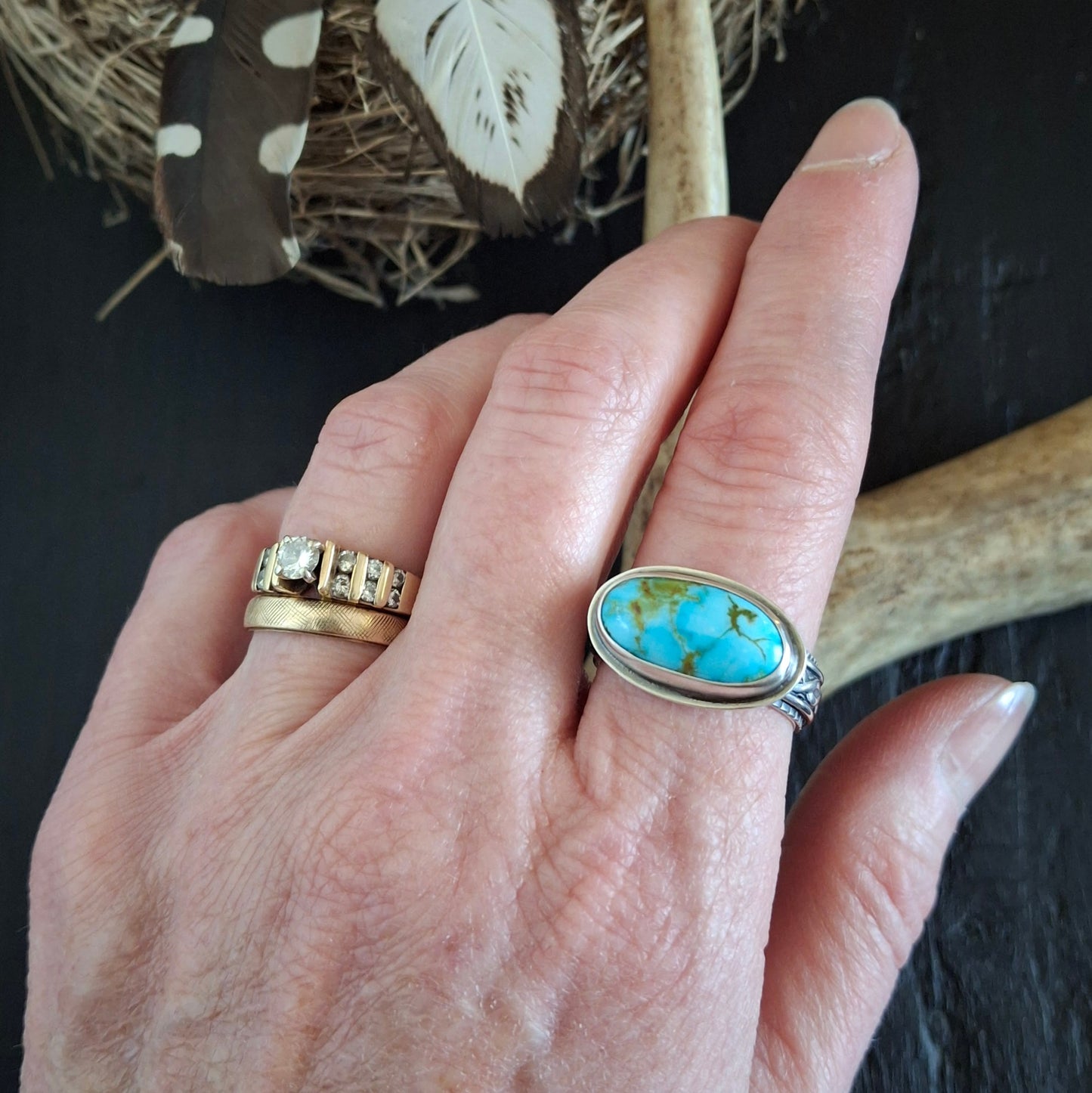 Turquoise Mountain with Decorative Ring Band - Size 10