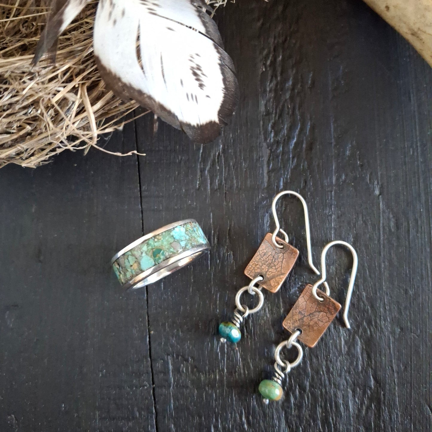 Earthy Bundle - Inlay Turquoise Ring Size 6.5 or 8 & Copper, Silver and Turquoise Earrings
