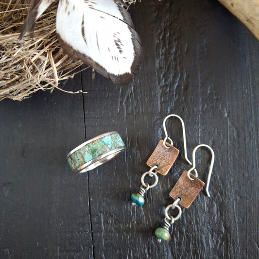 Earthy Bundle - Inlay Turquoise Ring Size 6.5 or 8 & Copper, Silver and Turquoise Earrings