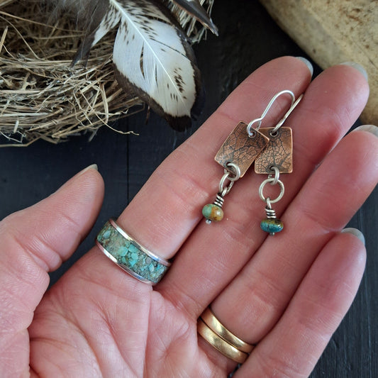 Earthy Bundle - Inlay Turquoise Ring Size 6.5 or 8 & Copper, Silver and Turquoise Earrings