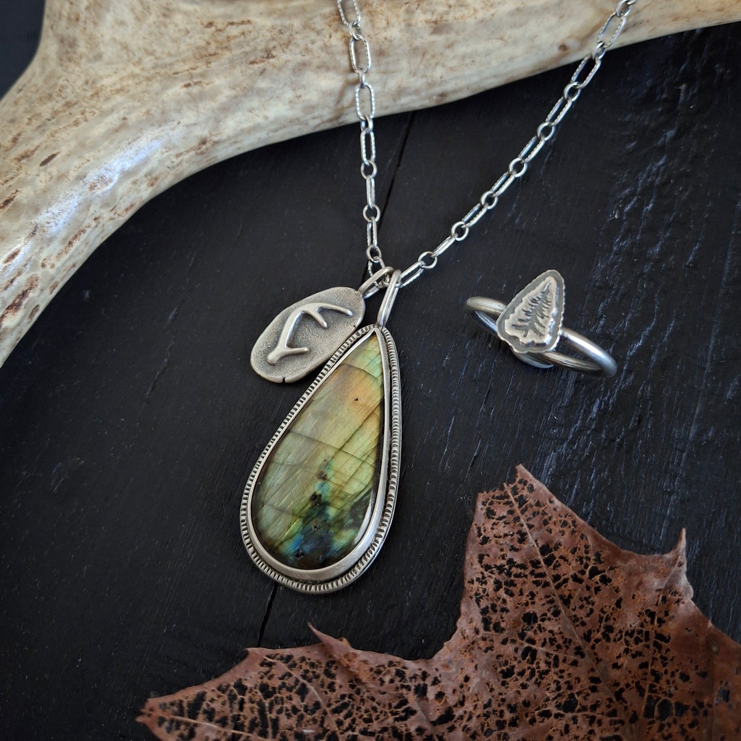 Forest Bundle - Labradorite Charm Necklace and Pine Tree Ring - Size 8