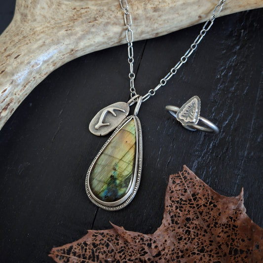 Forest Bundle - Labradorite Charm Necklace and Pine Tree Ring - Size 8
