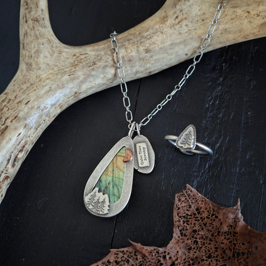 Forest Bundle - Labradorite Charm Necklace and Pine Tree Ring - Size 8