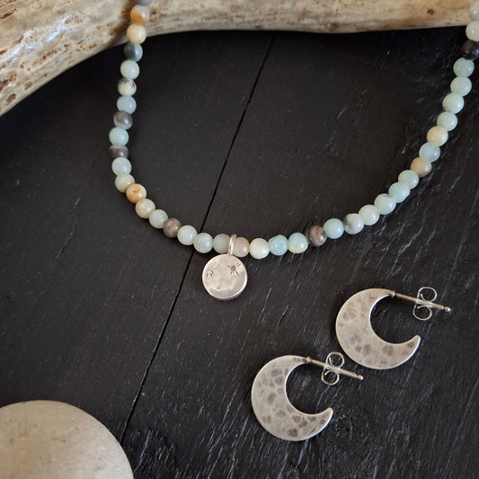 Celestial Bundle - Amazonite Necklace with Reversible Moon & Crescent Moon Earrings