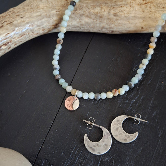 Celestial Bundle - Amazonite Necklace with Reversible Moon & Crescent Moon Earrings