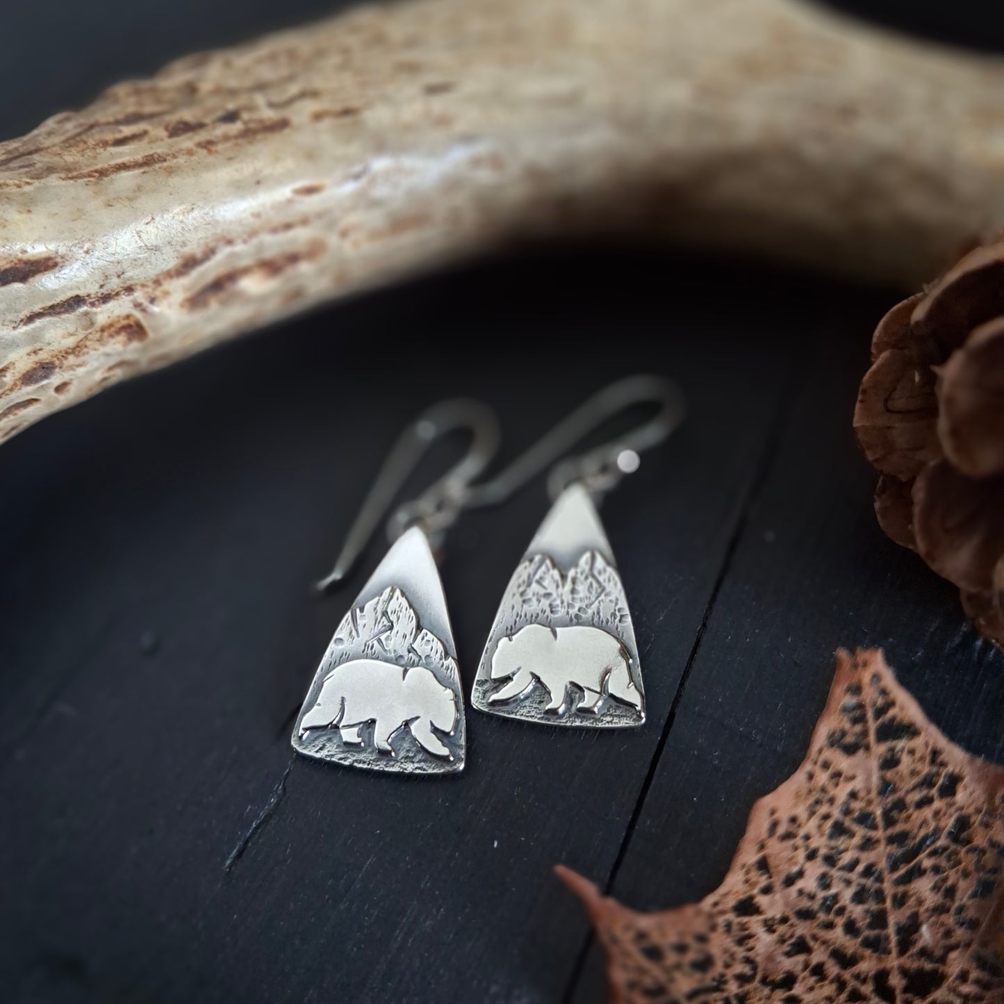 Wandering Bear & Mountain Sterling Silver Earrings
