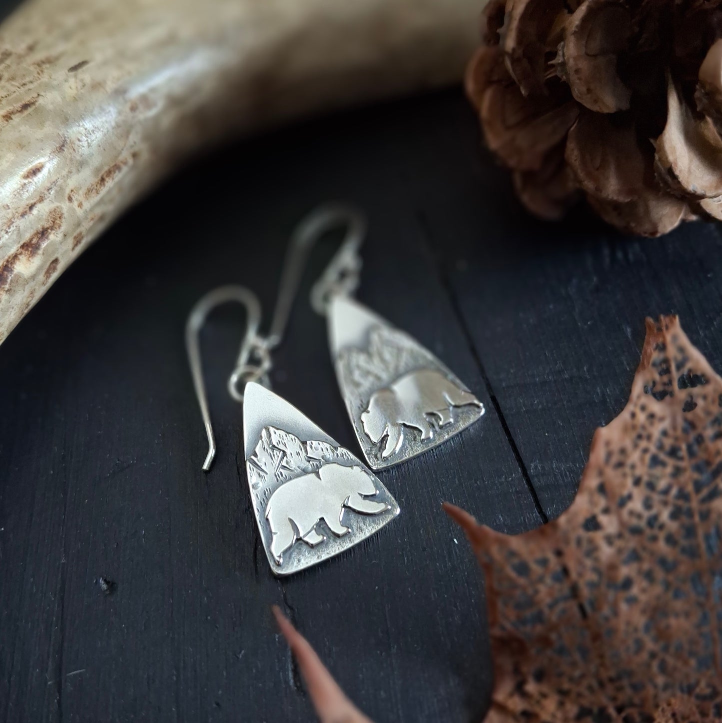 Wandering Bear & Mountain Sterling Silver Earrings