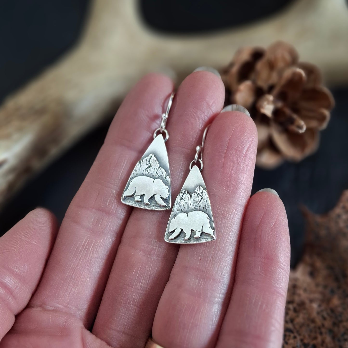 Wandering Bear & Mountain Sterling Silver Earrings