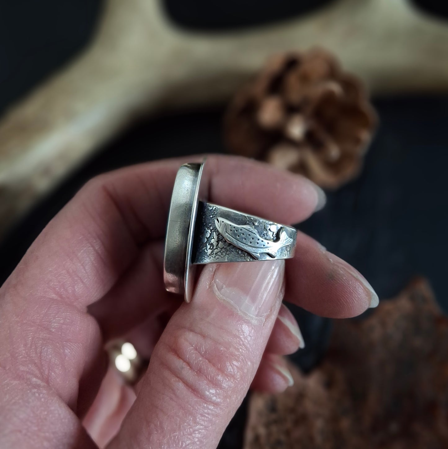 Tibetan Turquoise & Sterling Silver Trout Ring - Size 8.5