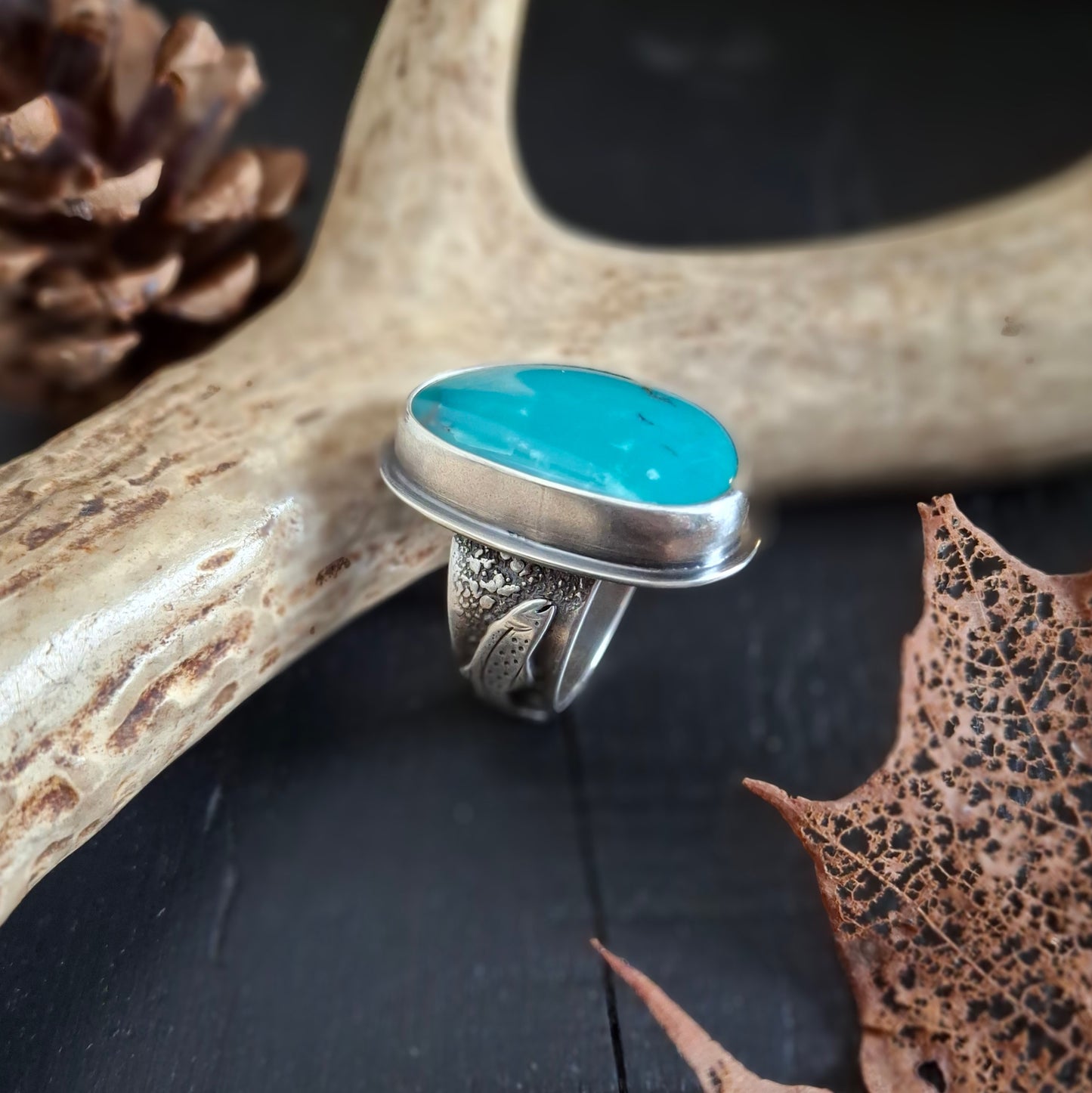 Tibetan Turquoise & Sterling Silver Trout Ring - Size 8.5