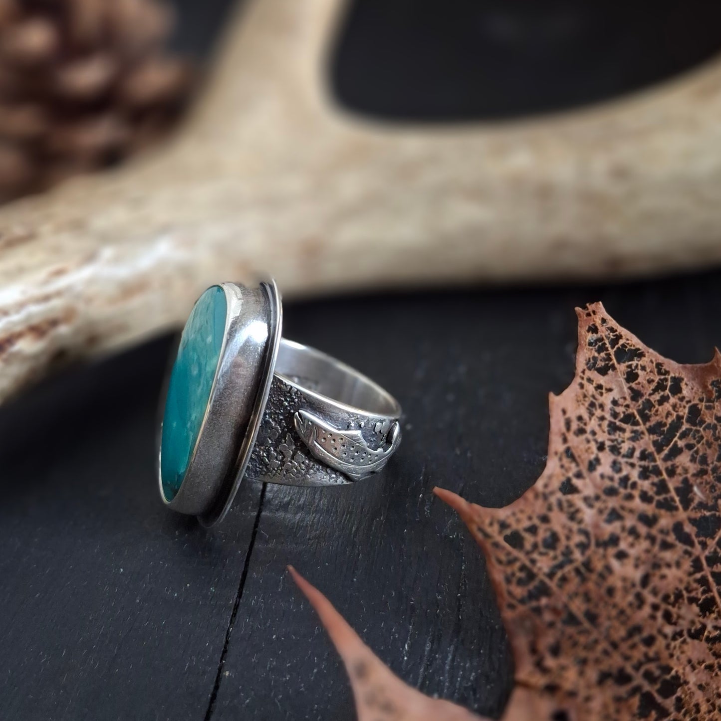Tibetan Turquoise & Sterling Silver Trout Ring - Size 8.5