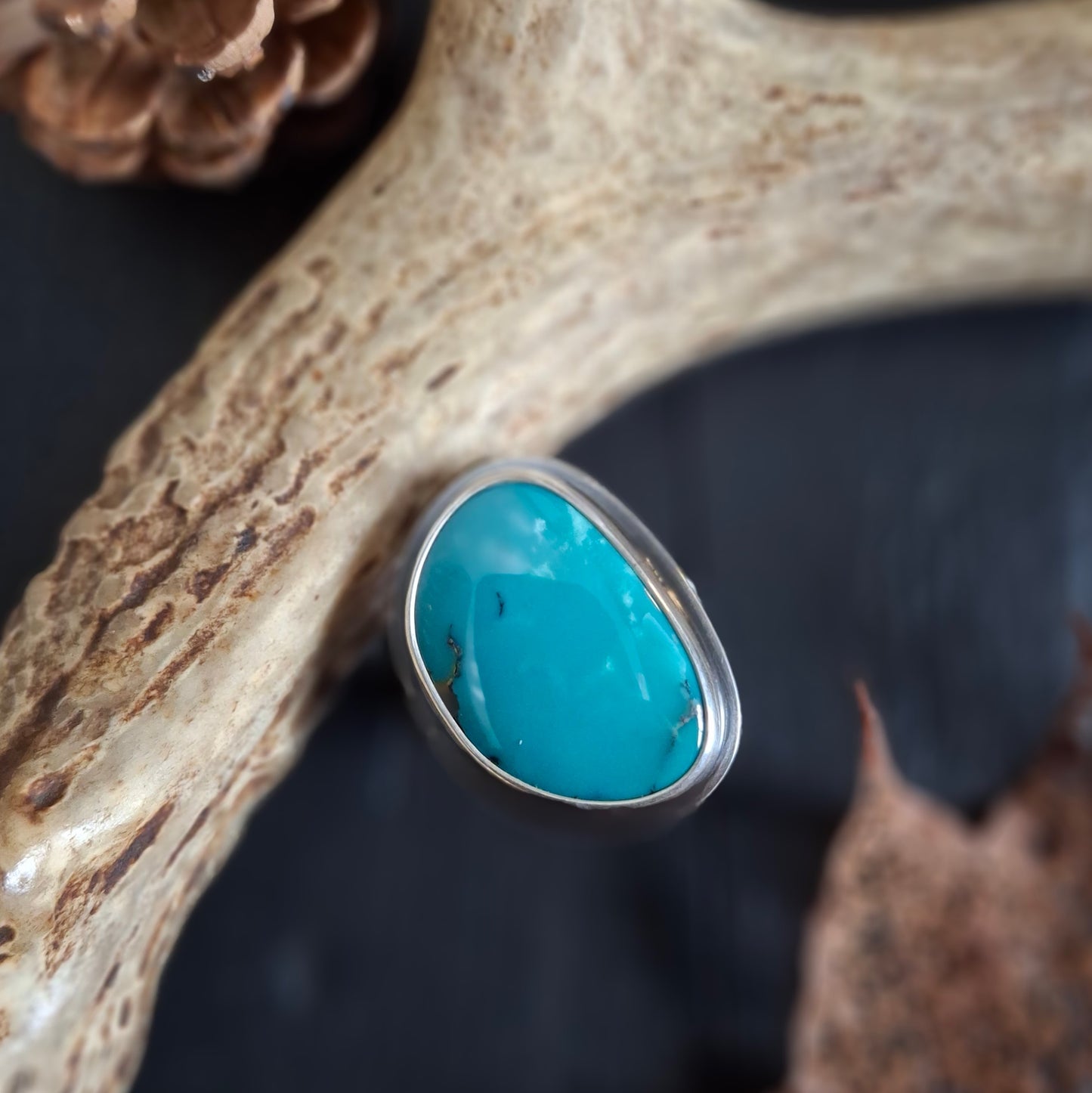 Tibetan Turquoise & Sterling Silver Trout Ring - Size 8.5