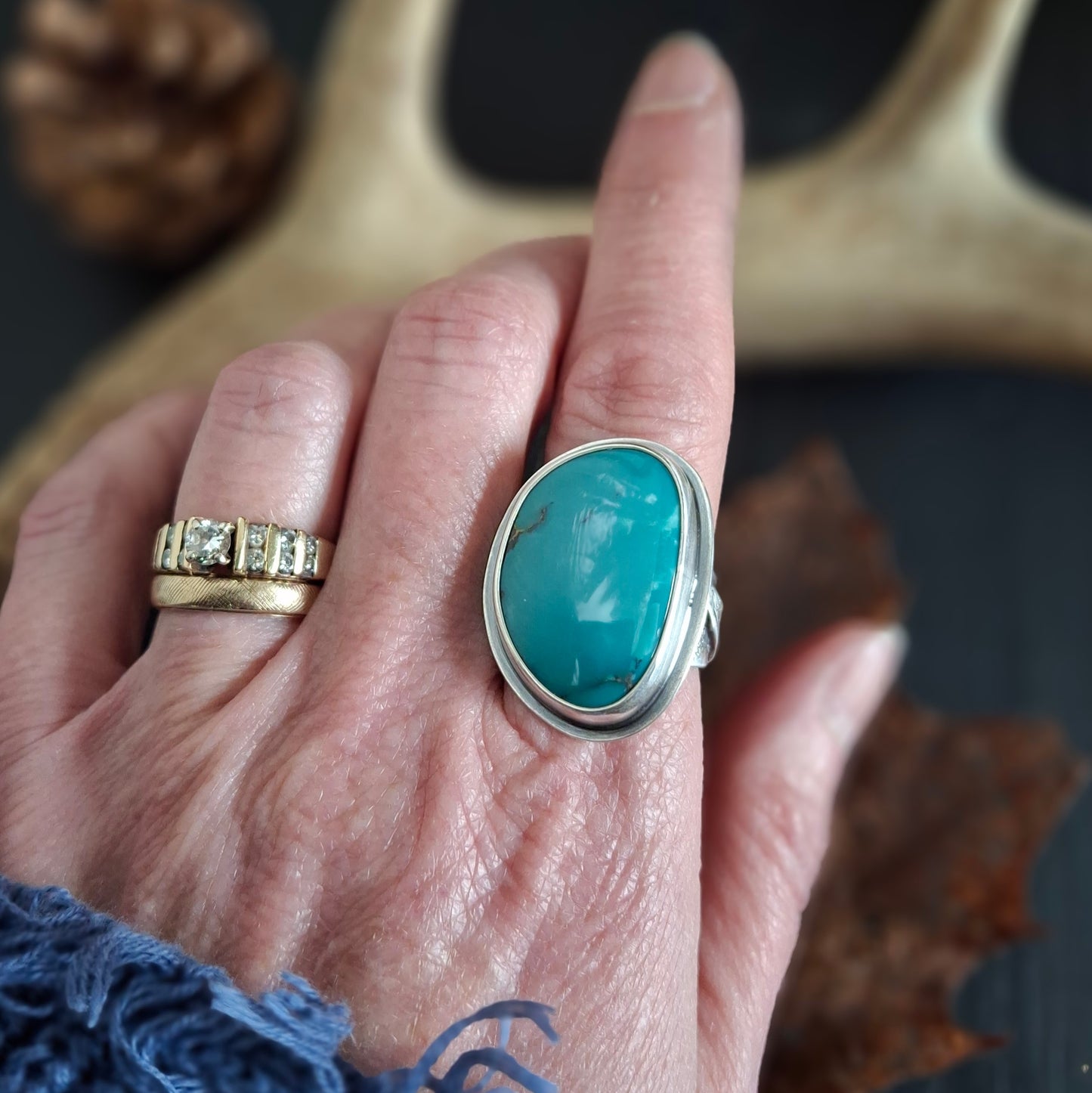 Tibetan Turquoise & Sterling Silver Trout Ring - Size 8.5