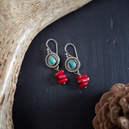Hubei Turquoise and Coral Earrings | Sterling Silver