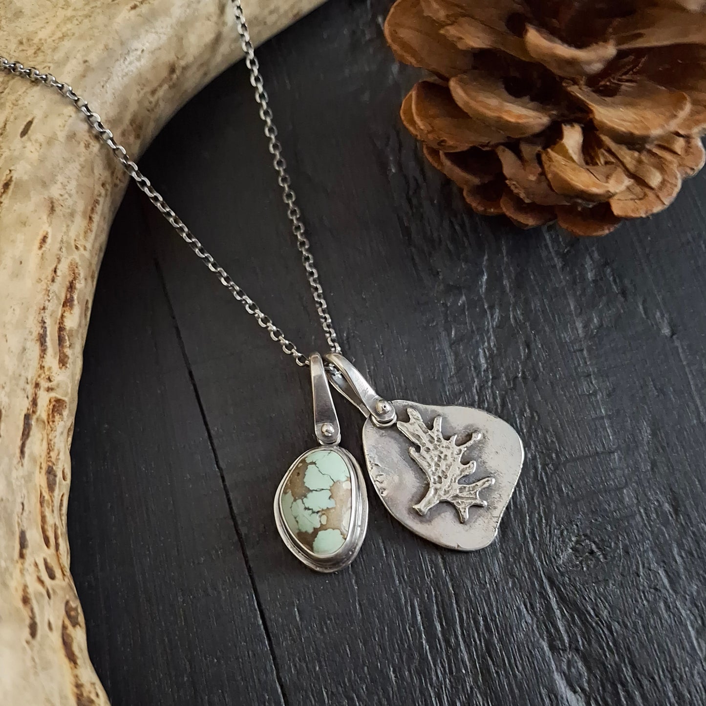 Treasure Mountain Turquoise and Moose Antler Charm Necklace | Sterling Silver