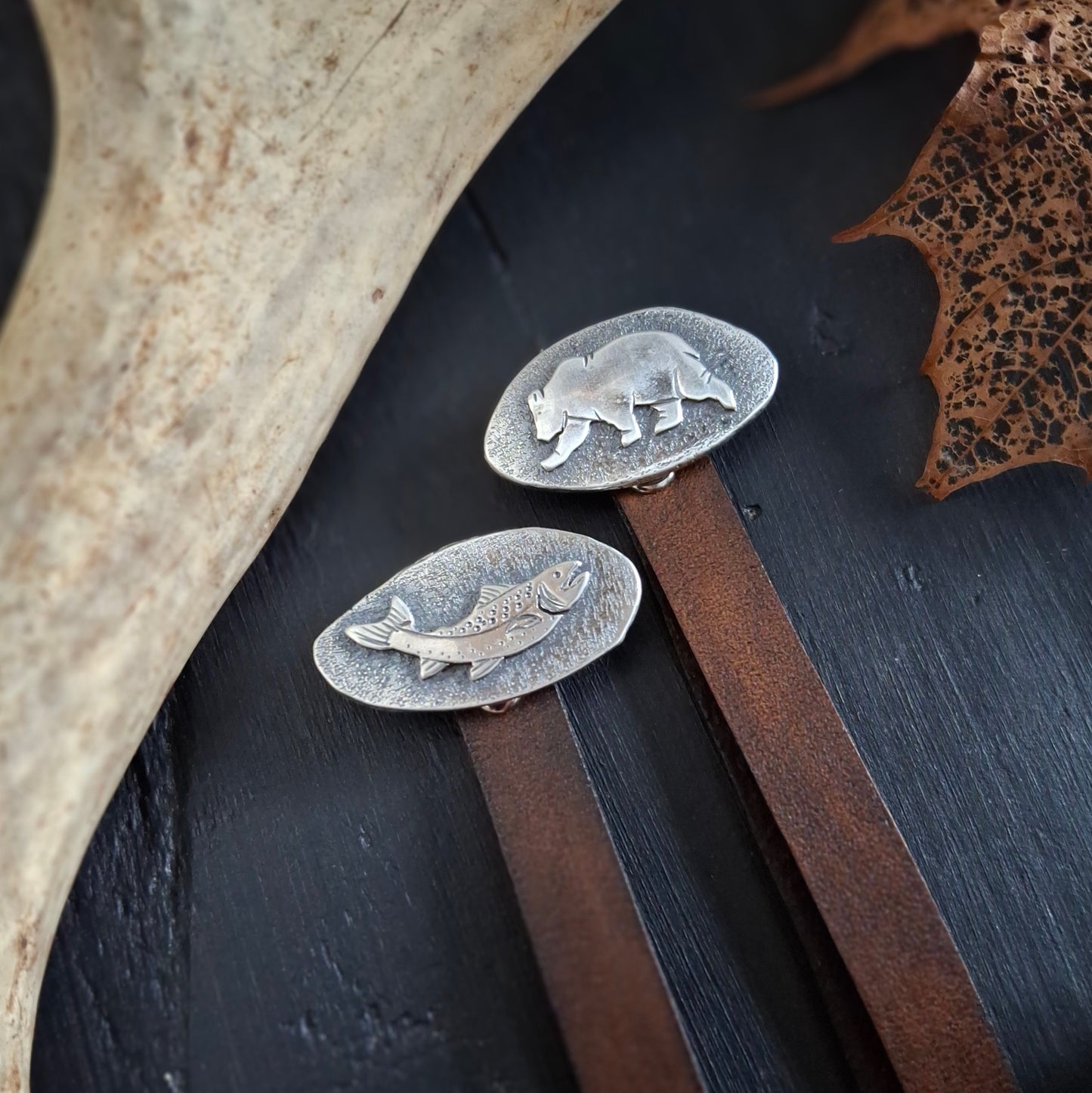 Trout and Bear Bookmarks | Reclaimed Silver and Leather