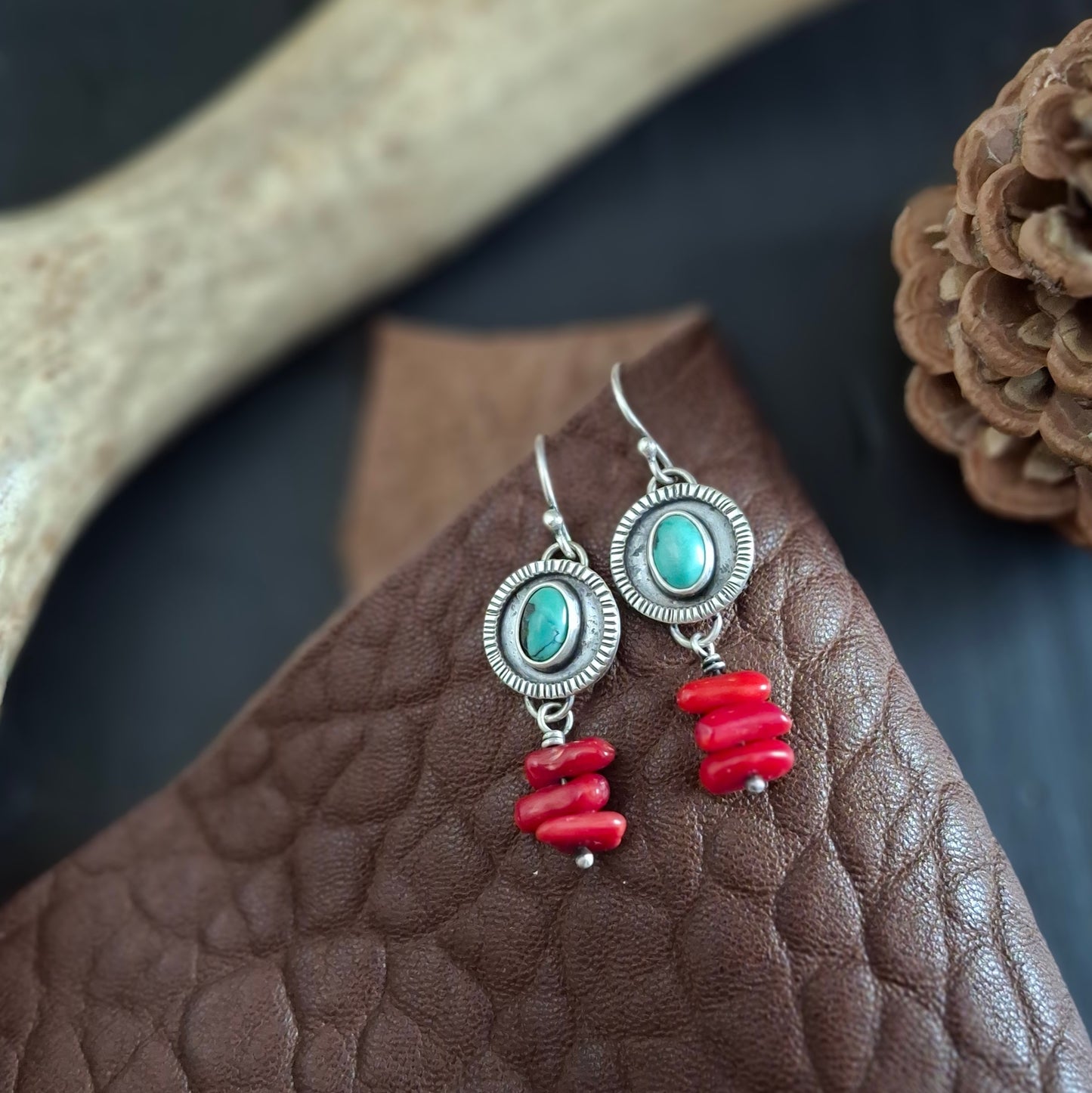 Hubei Turquoise and Coral Earrings | Sterling Silver