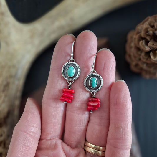 Hubei Turquoise and Coral Earrings | Sterling Silver