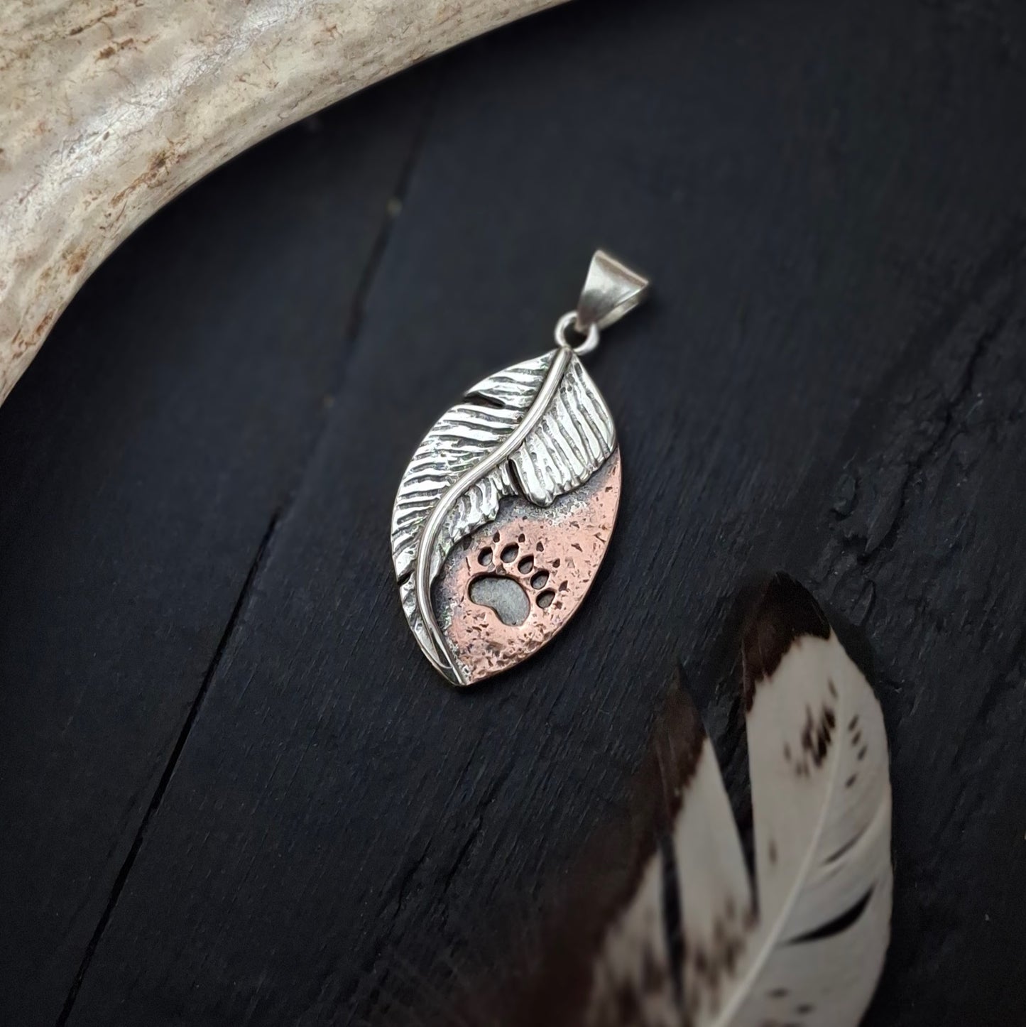 Bear Track Feather Pendant | Sterling Silver and Copper | Psalm 91:4 | Above and Below Collection