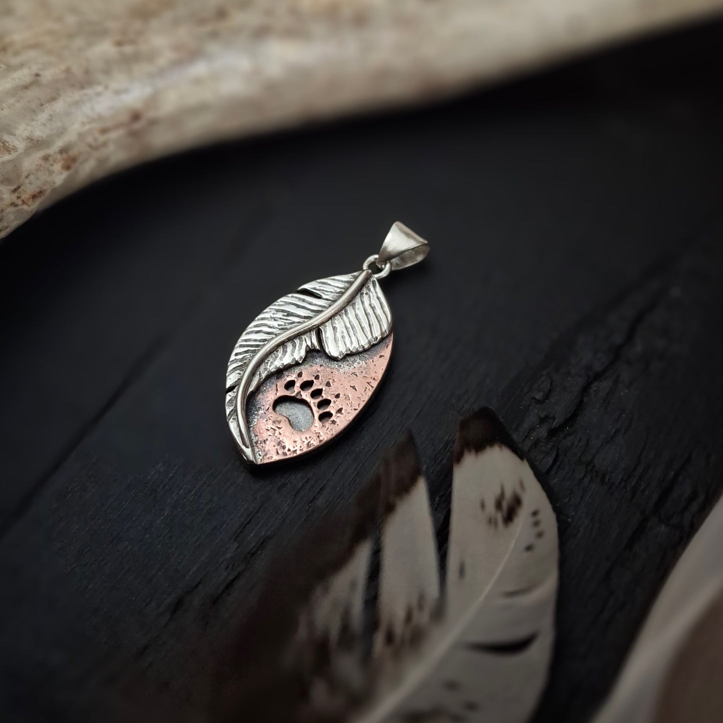 Bear Track Feather Pendant | Sterling Silver and Copper | Psalm 91:4 | Above and Below Collection