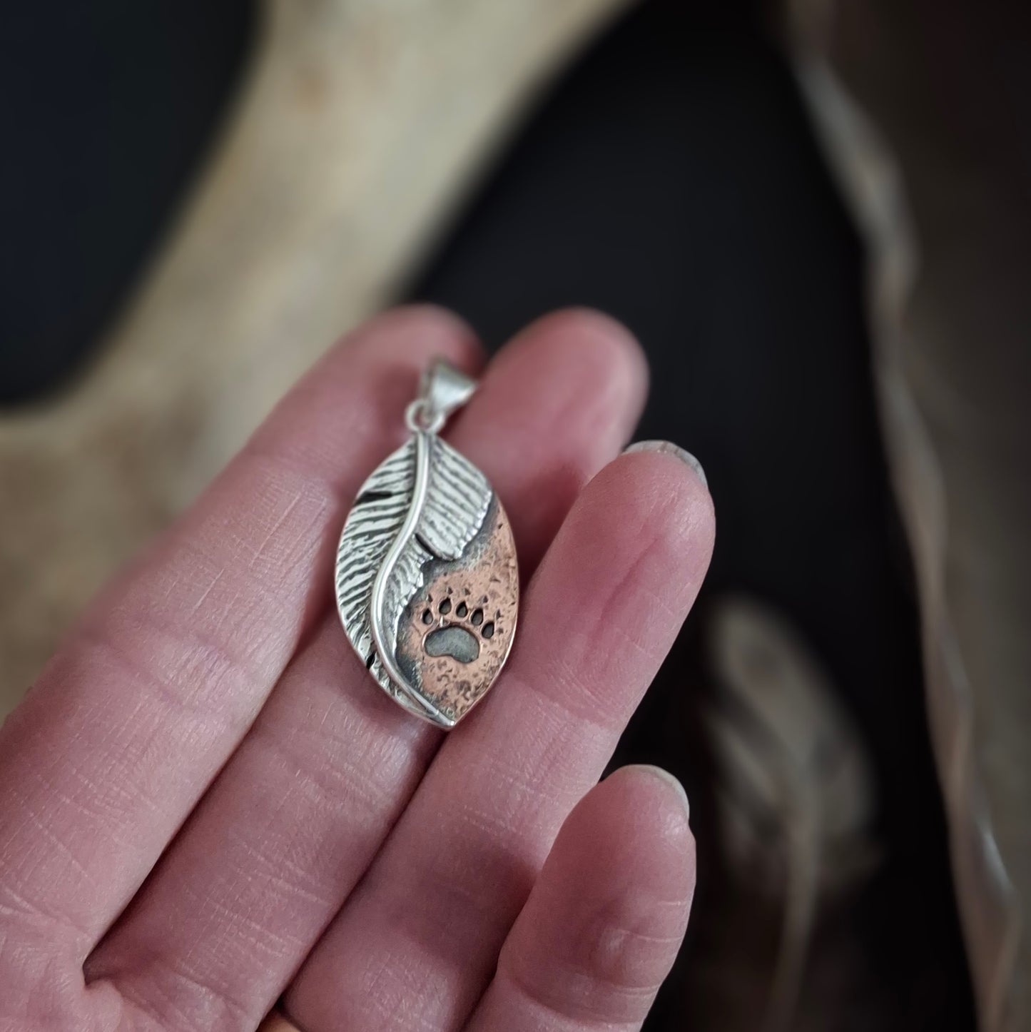 Bear Track Feather Pendant | Sterling Silver and Copper | Psalm 91:4 | Above and Below Collection