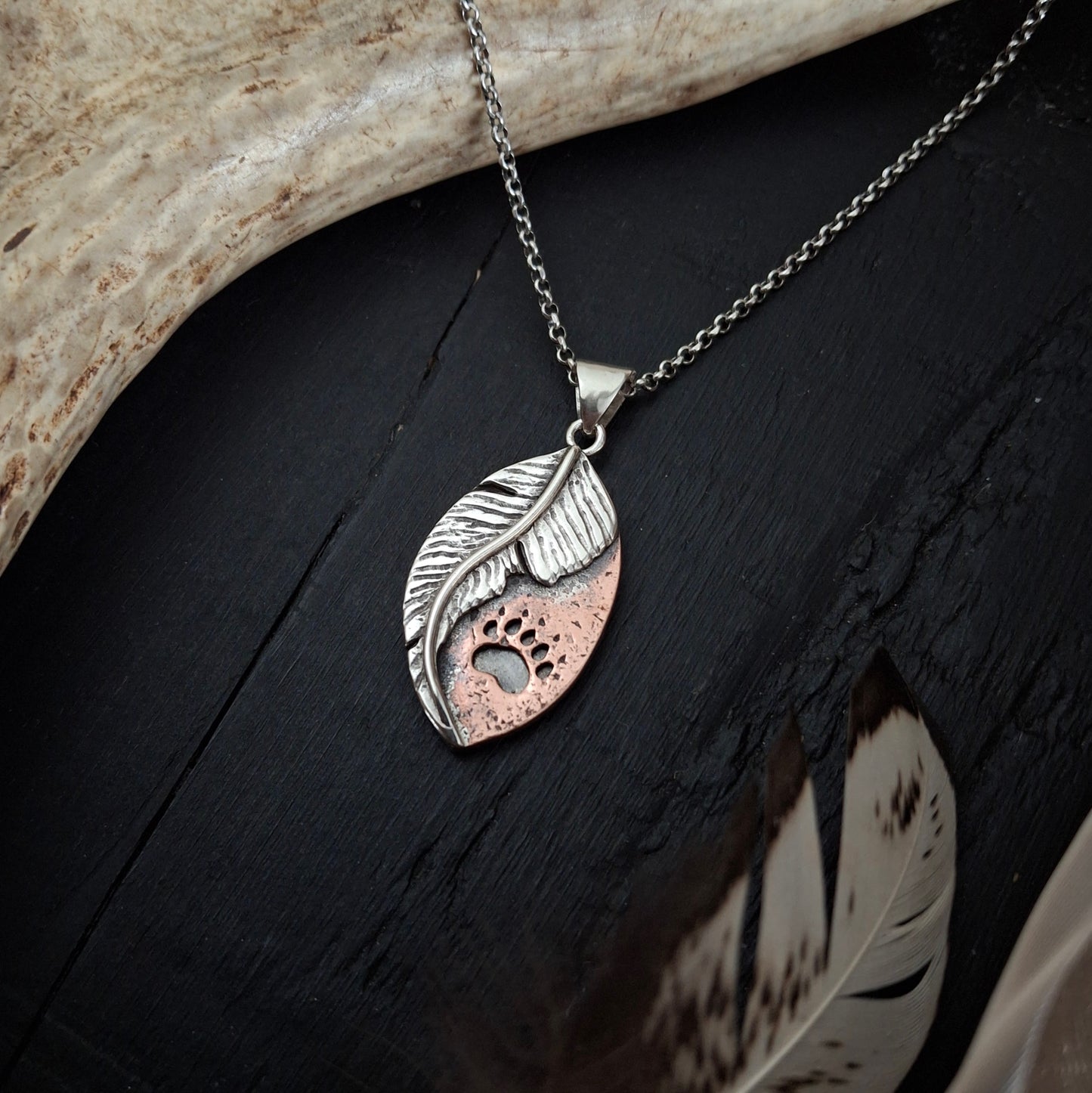 Bear Track Feather Pendant | Sterling Silver and Copper | Psalm 91:4 | Above and Below Collection