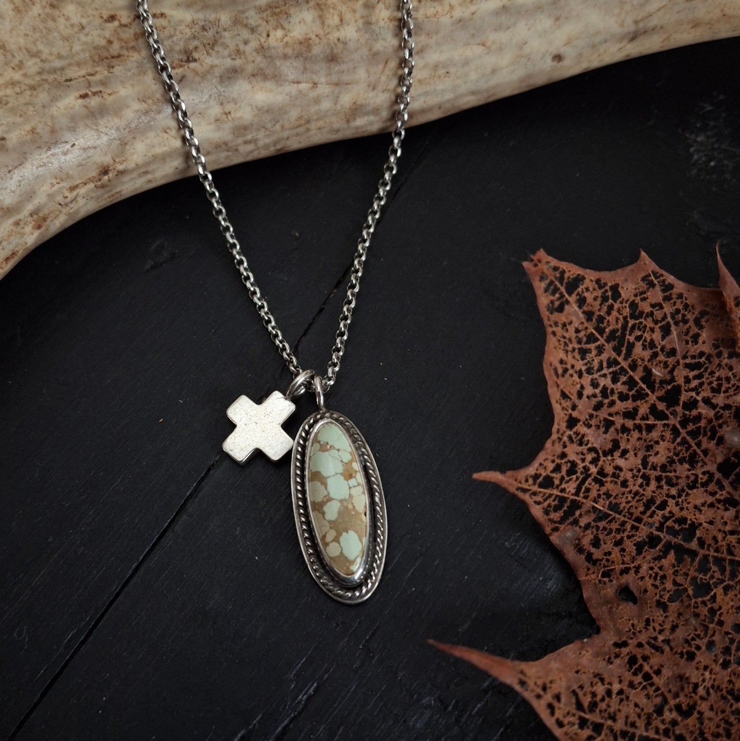 Treasure Mountain Turquoise Necklace with Greek Cross Charm | Sterling Silver Faith Jewelry