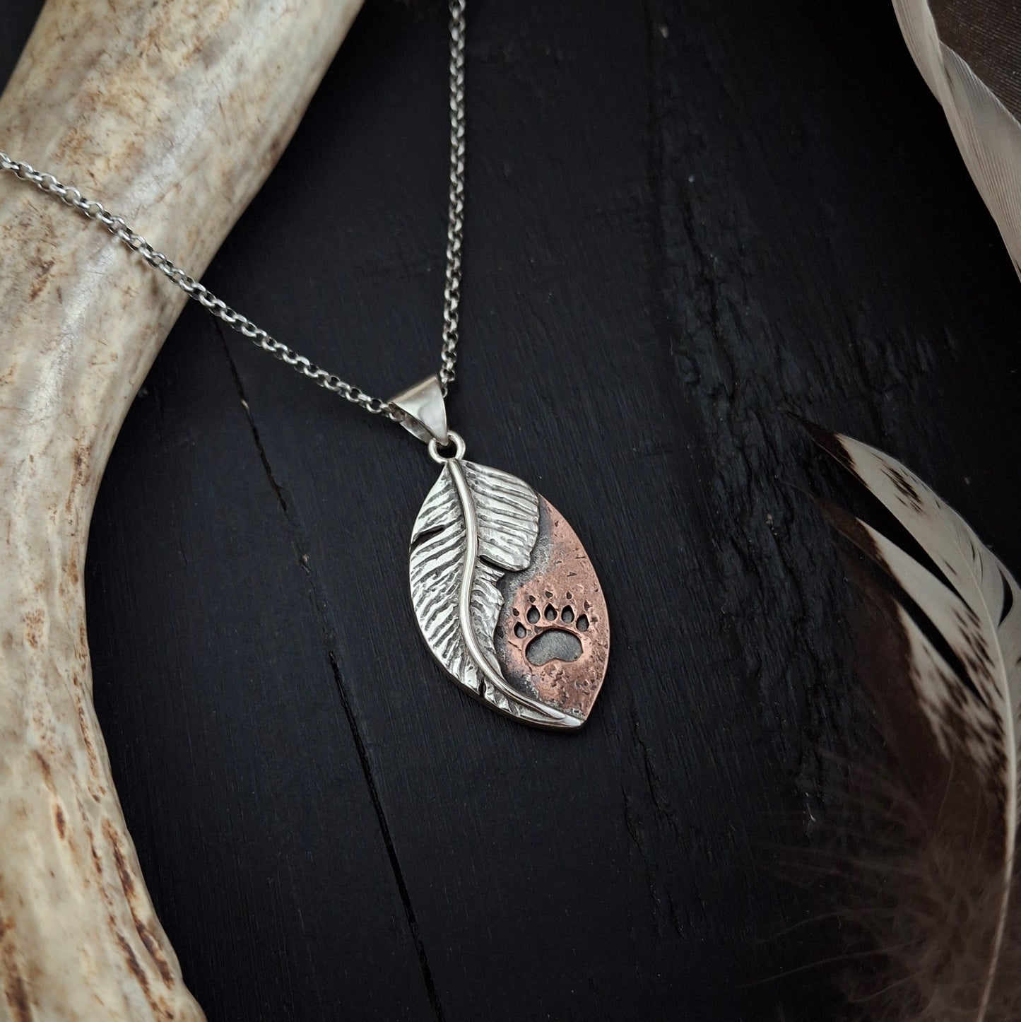 Bear Track Feather Pendant | Sterling Silver and Copper | Psalm 91:4 | Above and Below Collection