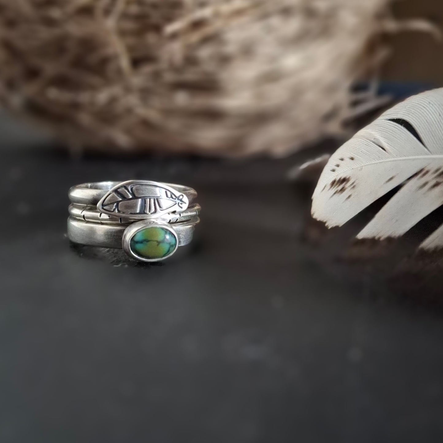 Turquoise and Feather Stacking Ring Set | Sterling Silver | Size 6