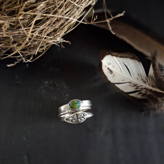 Turquoise and Feather Stacking Ring Set | Sterling Silver | Size 6
