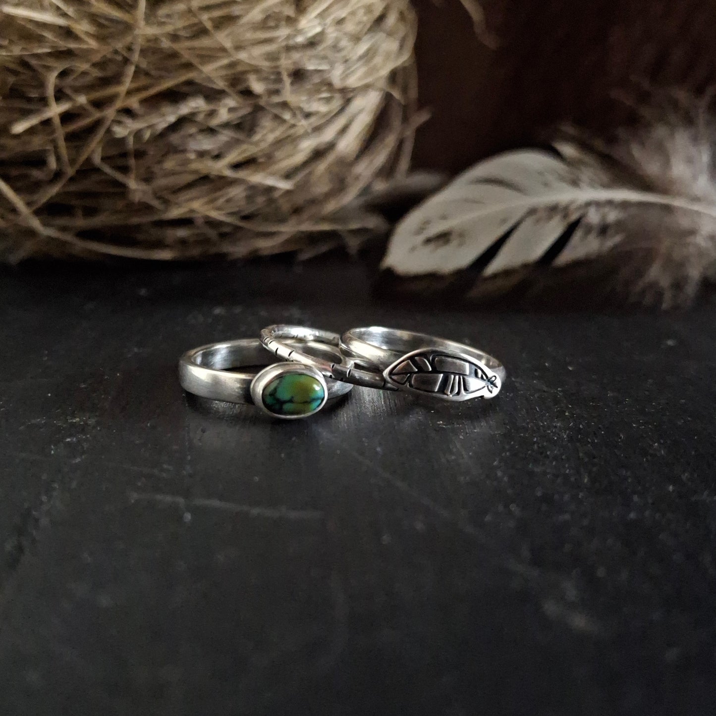 Turquoise and Feather Stacking Ring Set | Sterling Silver | Size 6